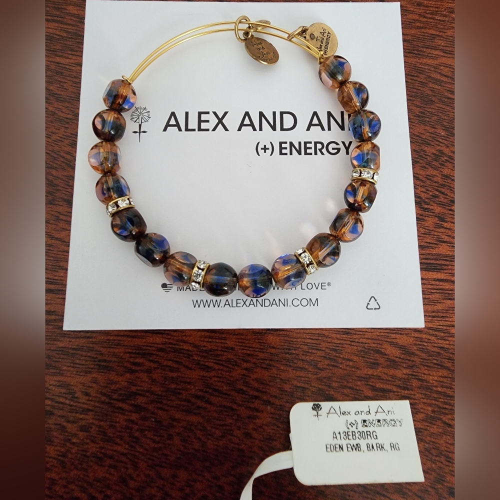 Alex and Ani Gold and Blue Beaded Eden Bracelet with Rhinestones With Tag